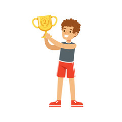 Young athletes boy holding winner cup, kid celebrating his second place cartoon vector Illustration