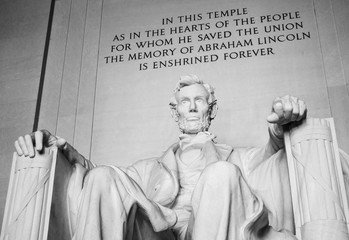 Abraham Lincoln statue at the Lincoln Memorial in Wahington D.C., USA. Black and white photography.