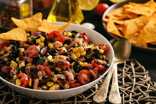 Mexican Salad With Black Bean, Corn, Tomatoes And Chorizo.