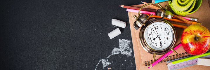 Concept Back To School Clock Chalk Pencil Apple