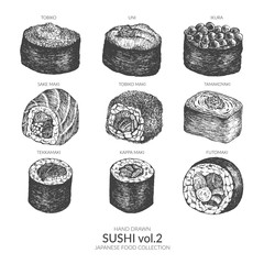 Set of sushi. Hand drawn with ink and pen. Vintage black and white illustration. Japanese food vector element.