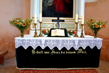 Inside fortified medieval saxon church in Cincsor-Kleinschenk, Sibiu county, Transylvania, Romania. 