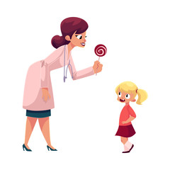 Young woman doctor, pediatrician in stethoscope giving lollipop candy to little girl, cartoon vector illustration isolated on white background. Woman doctor pediatrician giving lollipop to little girl