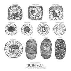 Set of sushi. Hand drawn top view with ink and pen. Vintage black and white illustration. Japanese food vector element.
