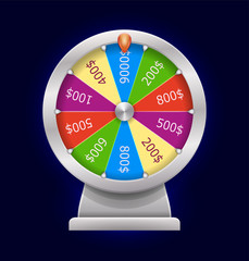 Spinning wheel of fortune. Money win casino game. 3D realistic style. Vector illustration