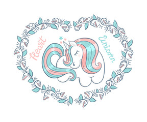 Vector cute unicorn, isolated, cartoon. Print a child's T-shirt, hand drawing of the lettering. Vector illustration for Valentine's day.
