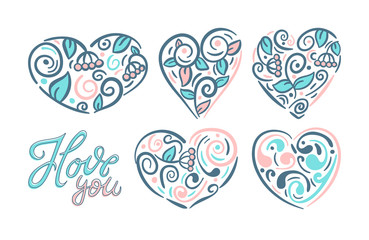 Vector hearts collection. Element for design for invitations, greeting cards, posters,  plant pattern, Valentine's Day.
