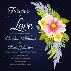 Wedding invitation card suite with flowers. Template. Vector Illustration