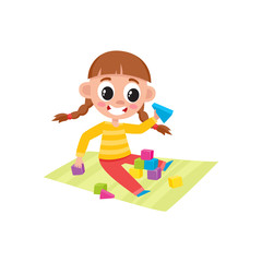 Little girl playing with wooden blocks, cubes and pyramids, sitting on the floor, cartoon vector illustration isolated on white background. Cartoon little girl playing with toy blocks