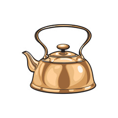 vector metal bronze kettle, teapot sketch cartoon isolated illustration on a white background. Kitchenware equipment utensil objects concept