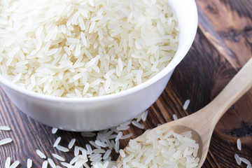 Rice spoon plate Wooden table background
