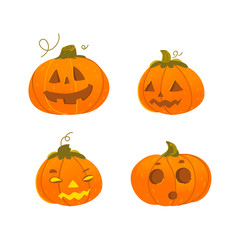 Set of cute, funny Halloween pumpkin jack-o-lanterns - smiling, surprised, scary, grinning, cartoon vector illustration isolated on white background. Set of cartoon Halloween pumpkin lanterns