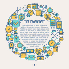 Time management concept in circle with thin line icons. Development of business process. Vector illustration for banner, web page, print media.