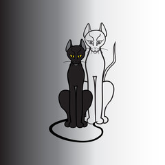 Silhouettes of two cats. Black and white.   Illustration. 