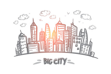 Big city concept. Hand drawn big city full of skyscrapers. Modern buildings isolated vector illustration.