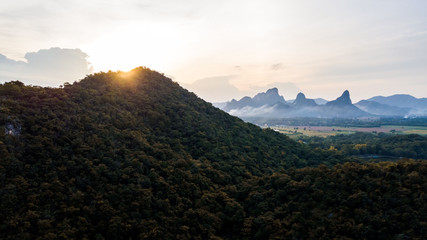 Aerial View Landscape Sunset at Mountains Field