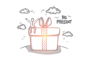 Big present concept. Hand drawn man sitting on big box with present. Happy person gets a huge gift isolated vector illustration.