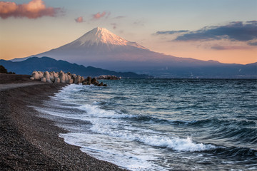 Mt. Fuji and sea beach in winter morning. Seen from Miho no Matsubara , a scenic area. The Miho...