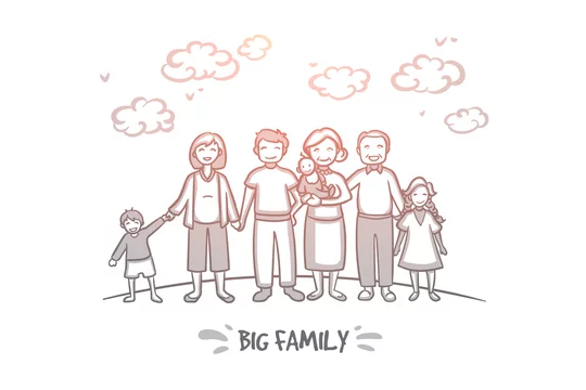 Family, Parents And Child, Generations Concept Sketch. Muslim Big Family  Standing Togethe With Children. Hand Drawn Isolated Vector Illustration  Royalty Free SVG, Cliparts, Vectors, and Stock Illustration. Image  127821542.