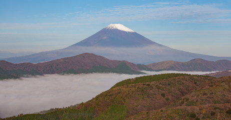 Mt.fuji and sea of mist above lake ashi at Hakone in autumn season morning
