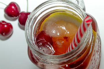 Top view of jar with cherry lemonade

