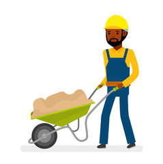 Construction worker drags on cart sand. Worker very upset. WIsolated against white background. Vector illustration. African American people. Cartoon flat style.