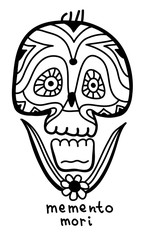 Skull with patterns. Memento mori. Monochrome ink drawing with tribal patterns. Zenart.