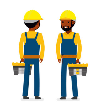 Construction worker with tool bag. Isolated against white background. Vector illustration. African American people. Cartoon flat style.