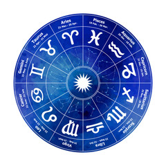 Circle with signs of zodiac on watercolor background. Vector illustration.