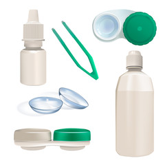 Contact lens, container and bottles. Set of realistic object.