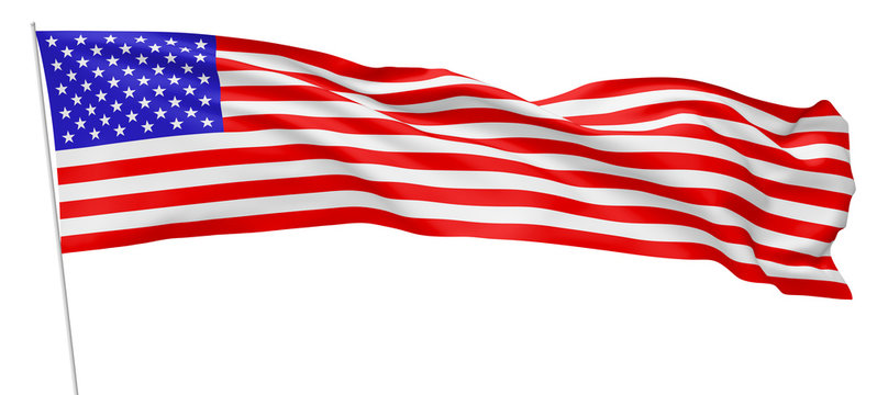 Long national flag of United States of America on flagpole.