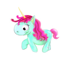 illustrated blue unicorn with pink hair