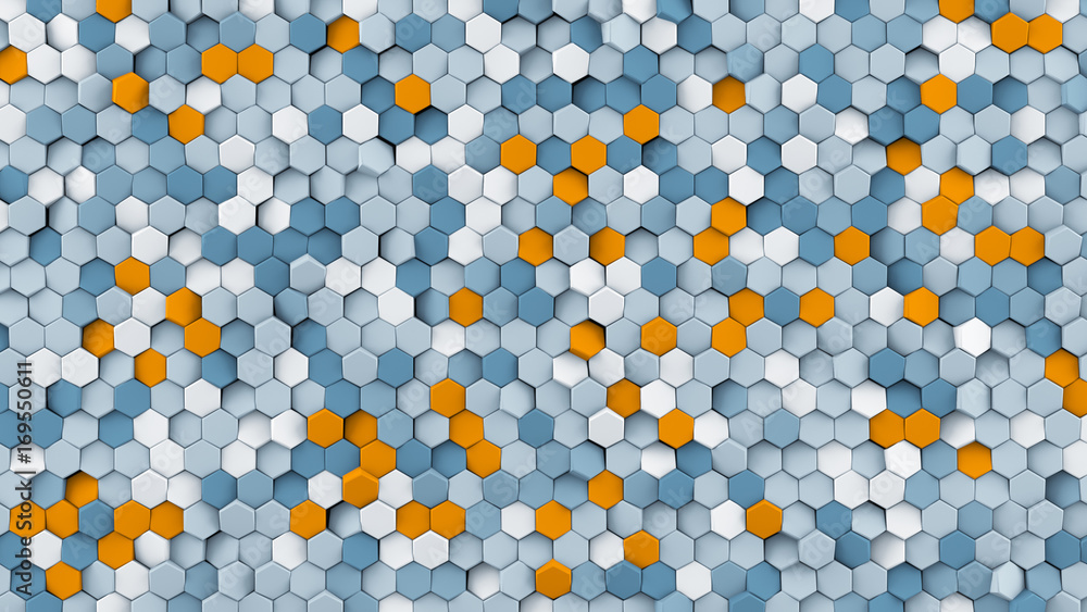 Poster grey and orange hexagons abstract 3d rendering