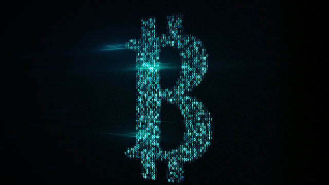 Blue Bitcoin Sign Of Binary Code On Screen