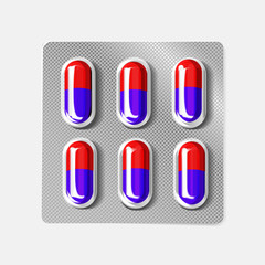 3d blister with capsules. Medical drug tablet for illness and pain treatment: painkiller, vitamin, antibiotic, aspirin. Realistic mock-up of pills packaging.