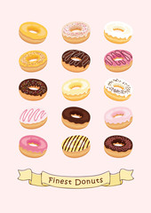 Assorted glazed donuts set and pink light background. Vector illustration.