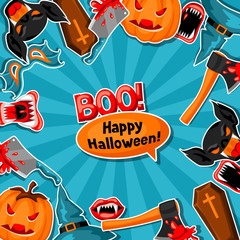 Happy Halloween background with cartoon holiday sticker symbols. Invitation to party or greeting card
