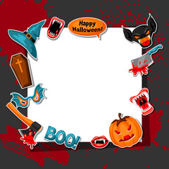 Happy Halloween frame with cartoon holiday sticker symbols. Invitation to party or greeting card