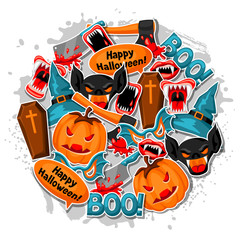 Happy Halloween background with cartoon holiday sticker symbols. Invitation to party or greeting card