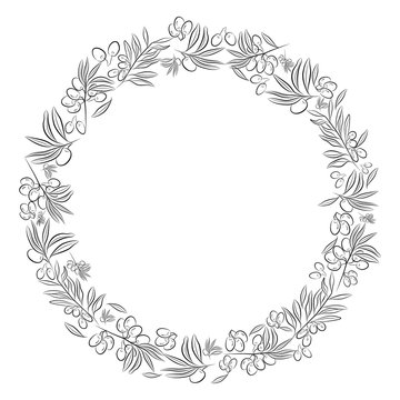 Round frame. . Olive tree as a symbol of eternal peace in Christian religion. Vector design.