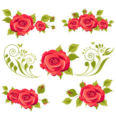 vintage red roses, swirls, isolated on a white