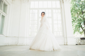 Beautiful bride in wedding dress with long full skirt, white background, dance and smile