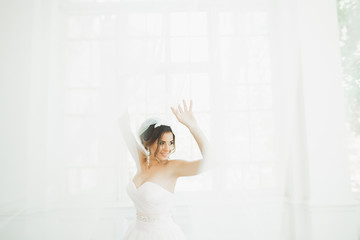 Beautiful bride in wedding dress with long full skirt, white background, dance and smile