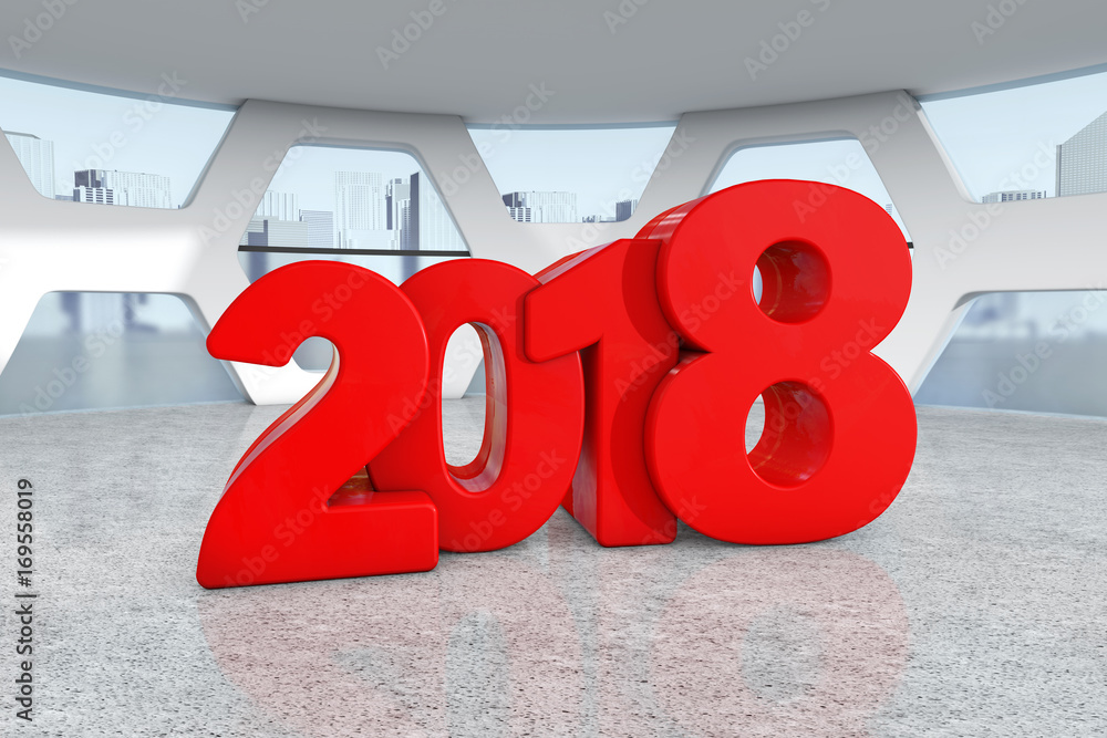 Poster Red New 2018 Year Sign in Abstract Bright Office Meeting Room. 3d Rendering