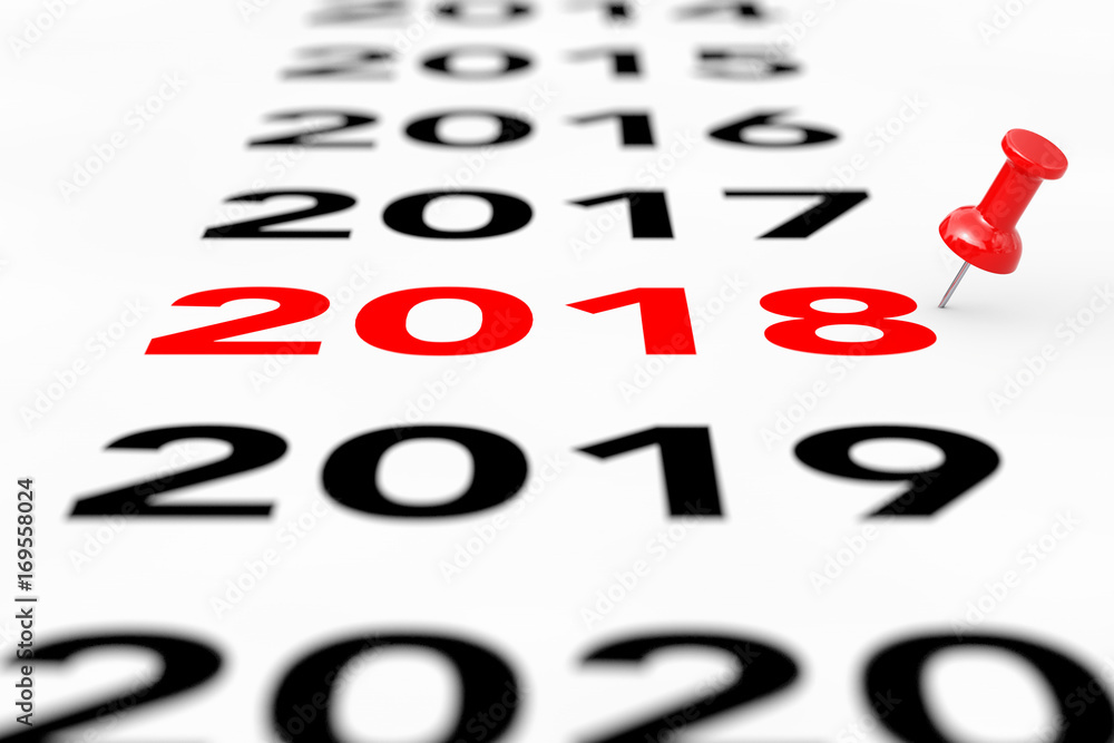 Poster new 2018 year sign with red pin marker. 3d rendering