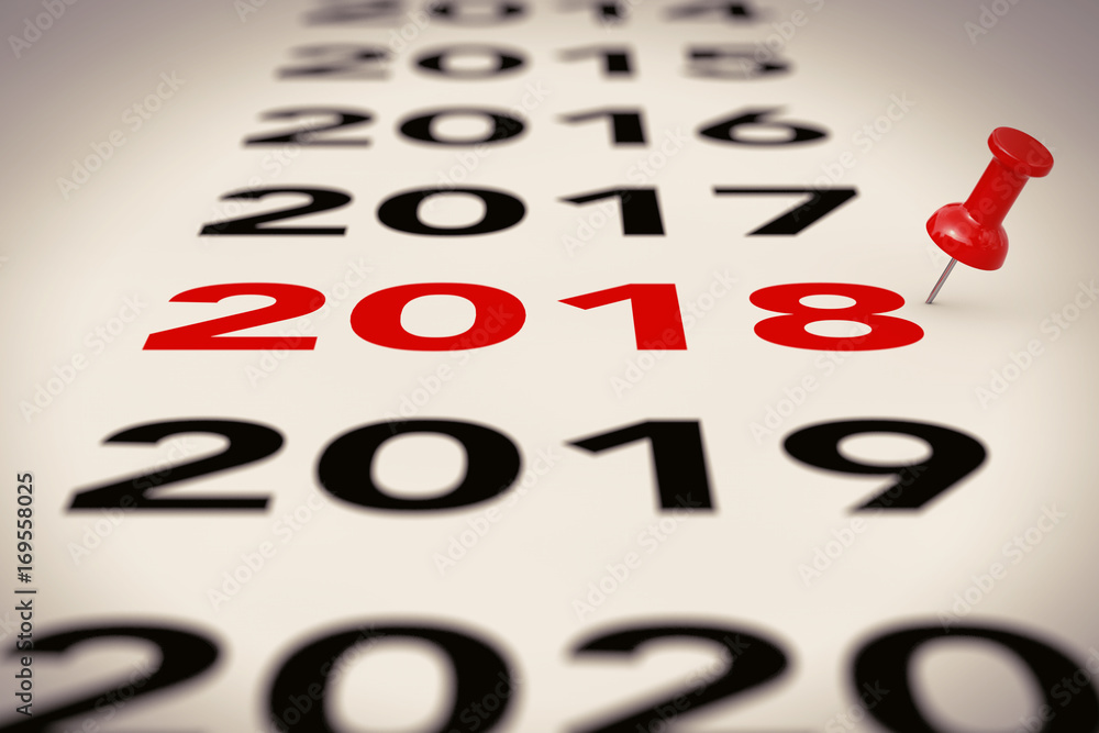 Poster new 2018 year sign with red pin marker. 3d rendering