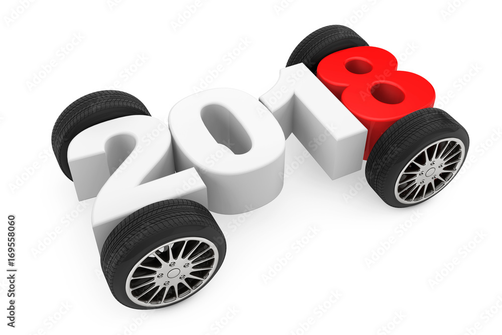 Poster 2018 Year Concept with Car Wheels. 3d Rendering