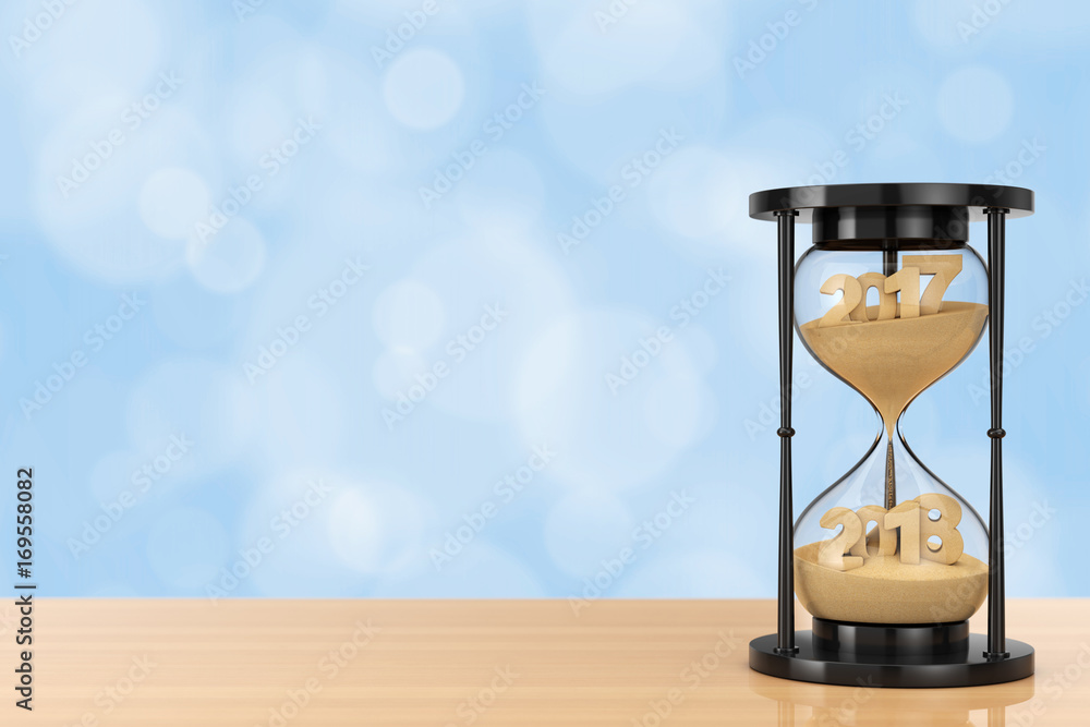 Poster new 2018 year concept. sand falling in hourglass taking the shape from 2017 to 2018. 3d rendering