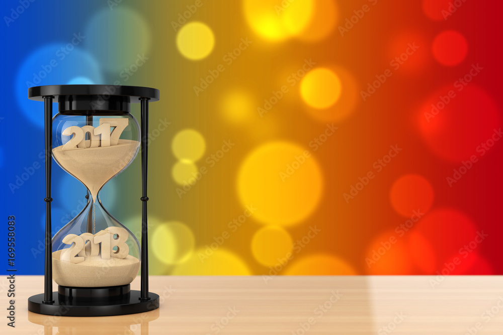Poster New 2018 Year Concept. Sand Falling in Hourglass Taking the Shape from 2017 to 2018. 3d Rendering