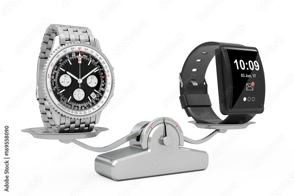 Aufkleber Luxury Classic Analog Men's Wrist Silver Watch with Big Conceptual Smart Watch Balancing on a Simple Weighting Scale. 3d Rendering